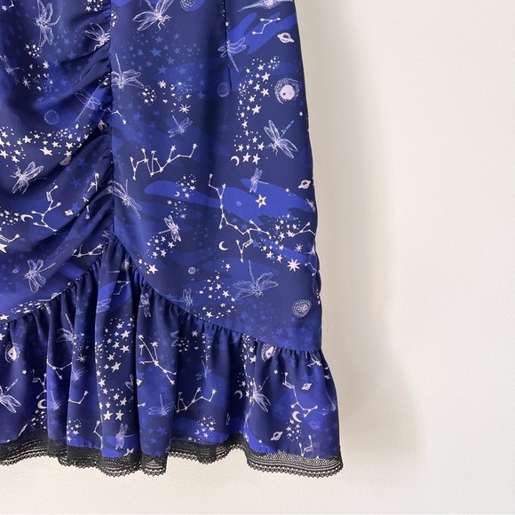 Three Floor Navy Blue Afterglow Cosmic Star Printed Mini Dress - Picture 4 of 15